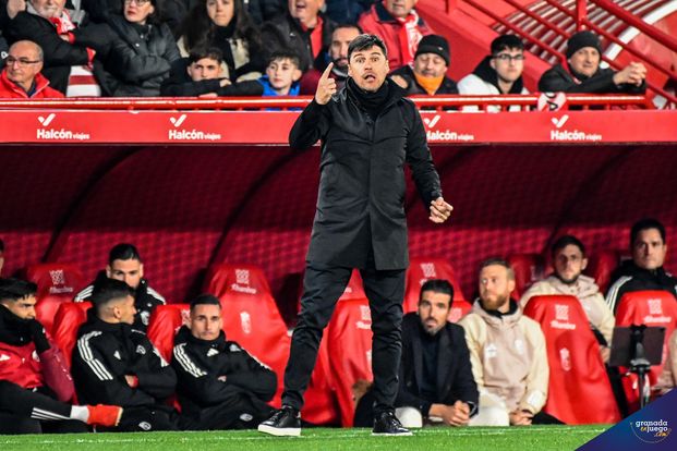 Alexander Medina, entrenador del Granada CF, en un momento del partido ante el At. Madrid (JOSÉ M. BALDOMERO)