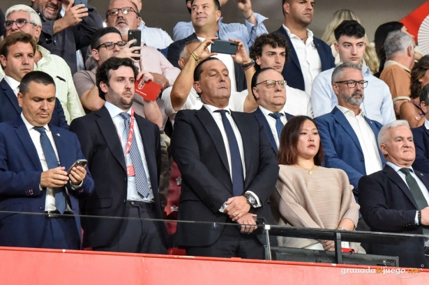 Sophia Yang, presidenta del Granada CF, junto a Alfredo García Amado y Javier Aranguren en el palco (JOSÉ M. BALDOMERO)